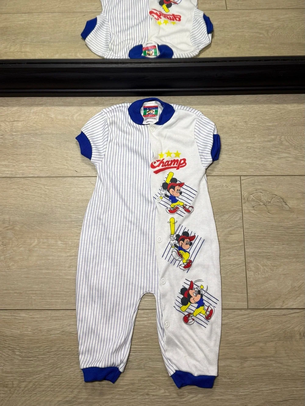 New Vintage 1980s Kids / Toddlers Disney Mickey Mouse Baseball Striped Romper
